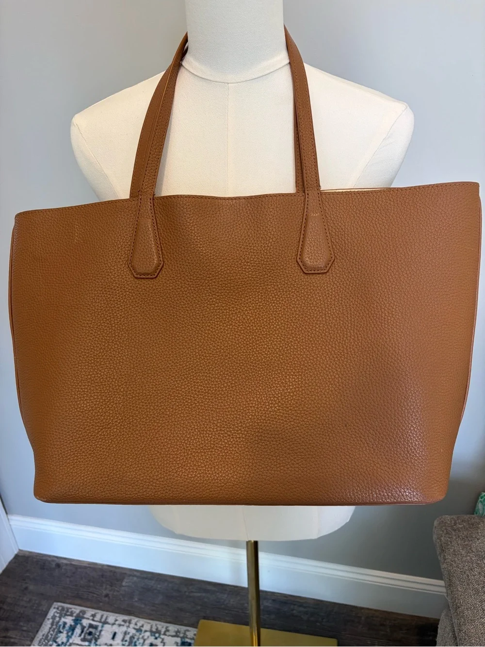 Tory Burch Large Pebbled Leather Tote Cognac Brown Gold Interior Shoulder Bag